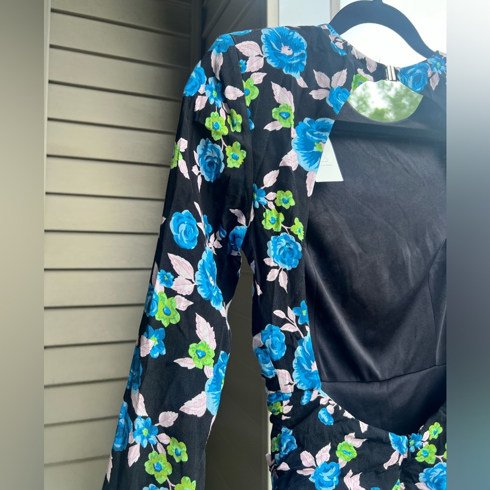 🆕 Zara Blue Floral Open Back Mini Dress XS | Long Sleeve Ruched - Picture 13 of 17